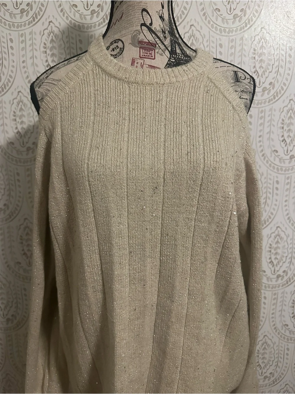 Chaser Metallic Cream Ribbed Crewneck Sweater